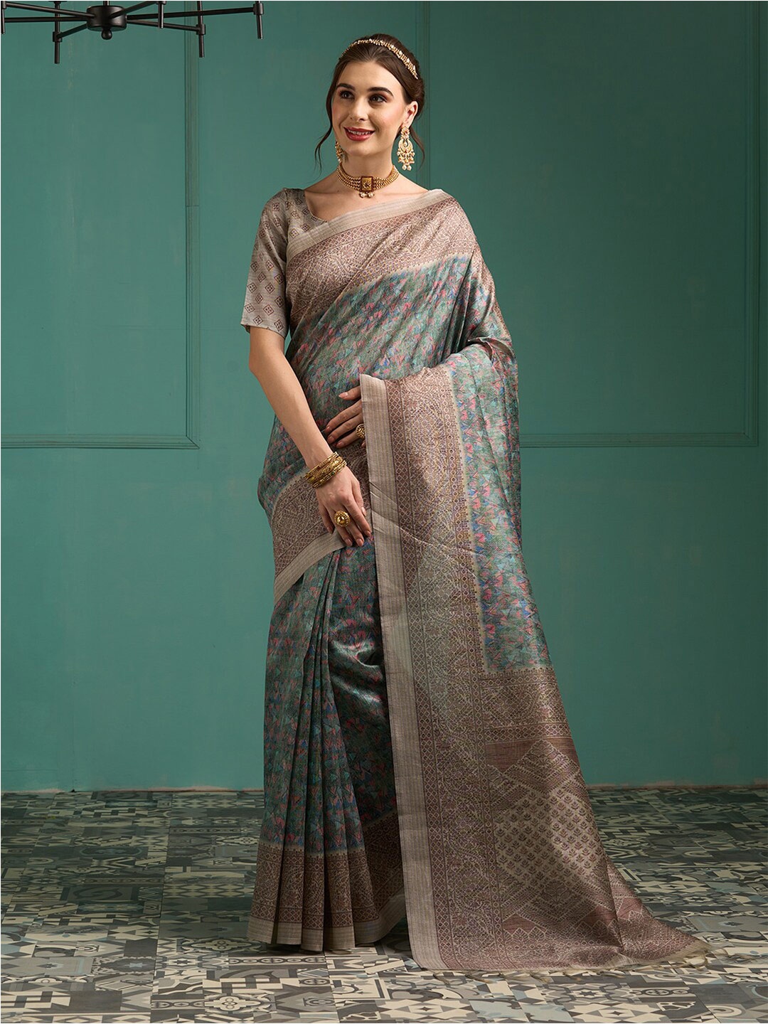

Saree mall Teal & Peach Abstract Printed Zari Sarees