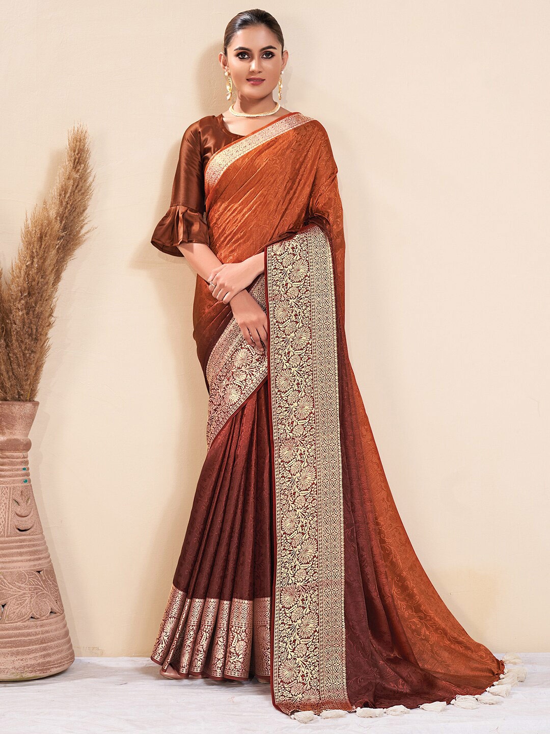 

Saree mall Brown & Beige Floral Woven Design Silk Sarees