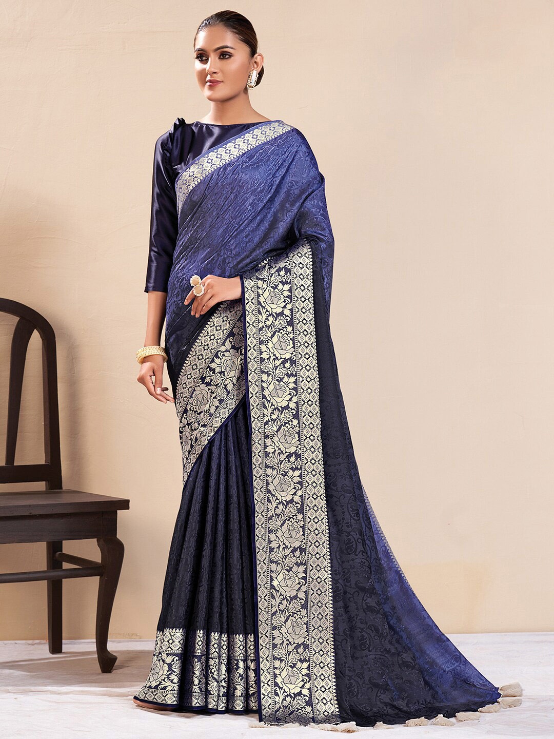 

Saree mall Navy Blue & Gold-toned Ethnic Motifs Woven Design Sungudi Sarees