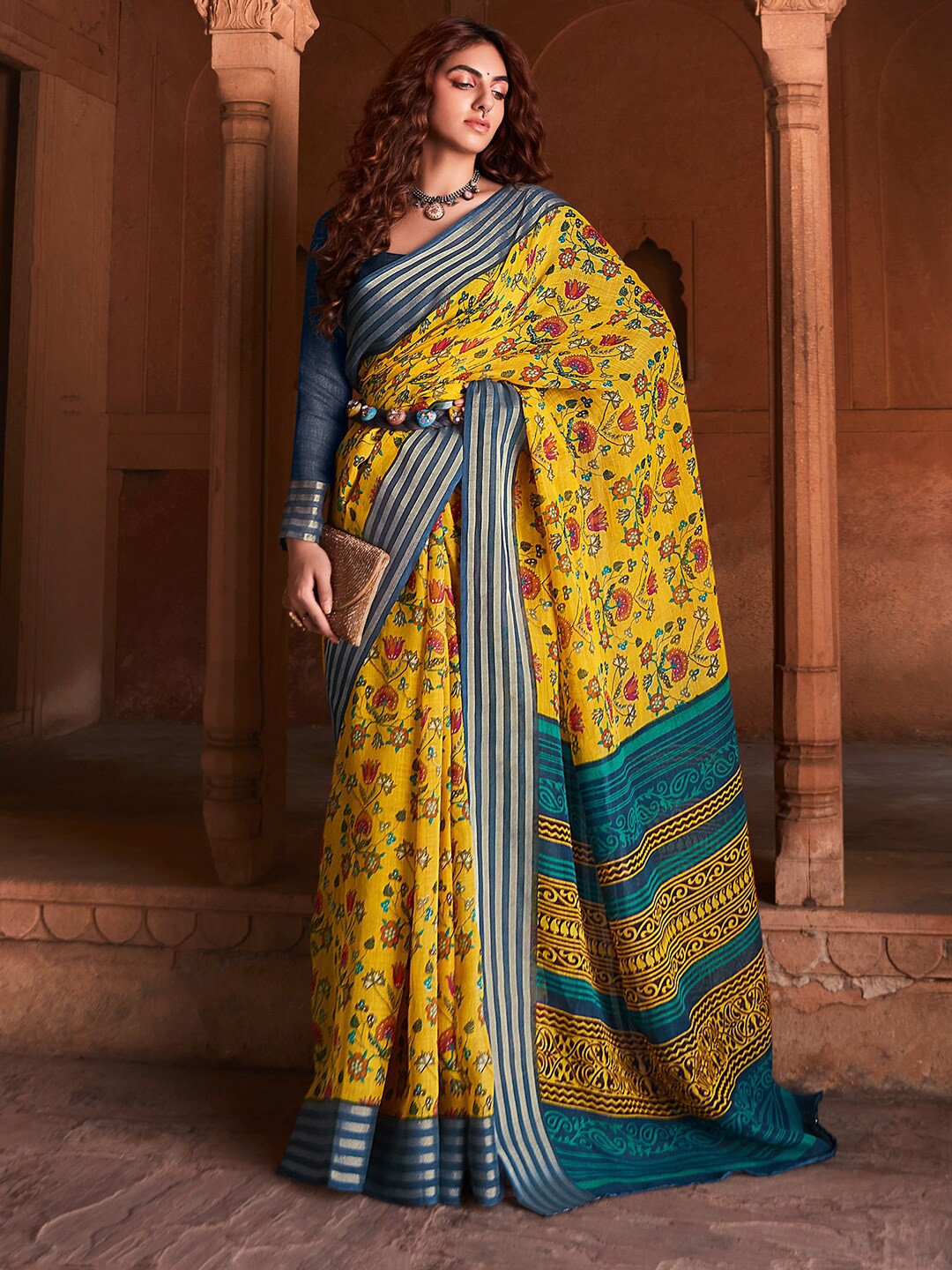 

Saree mall Yellow & Blue Floral Printed Zari Sungudi Sarees