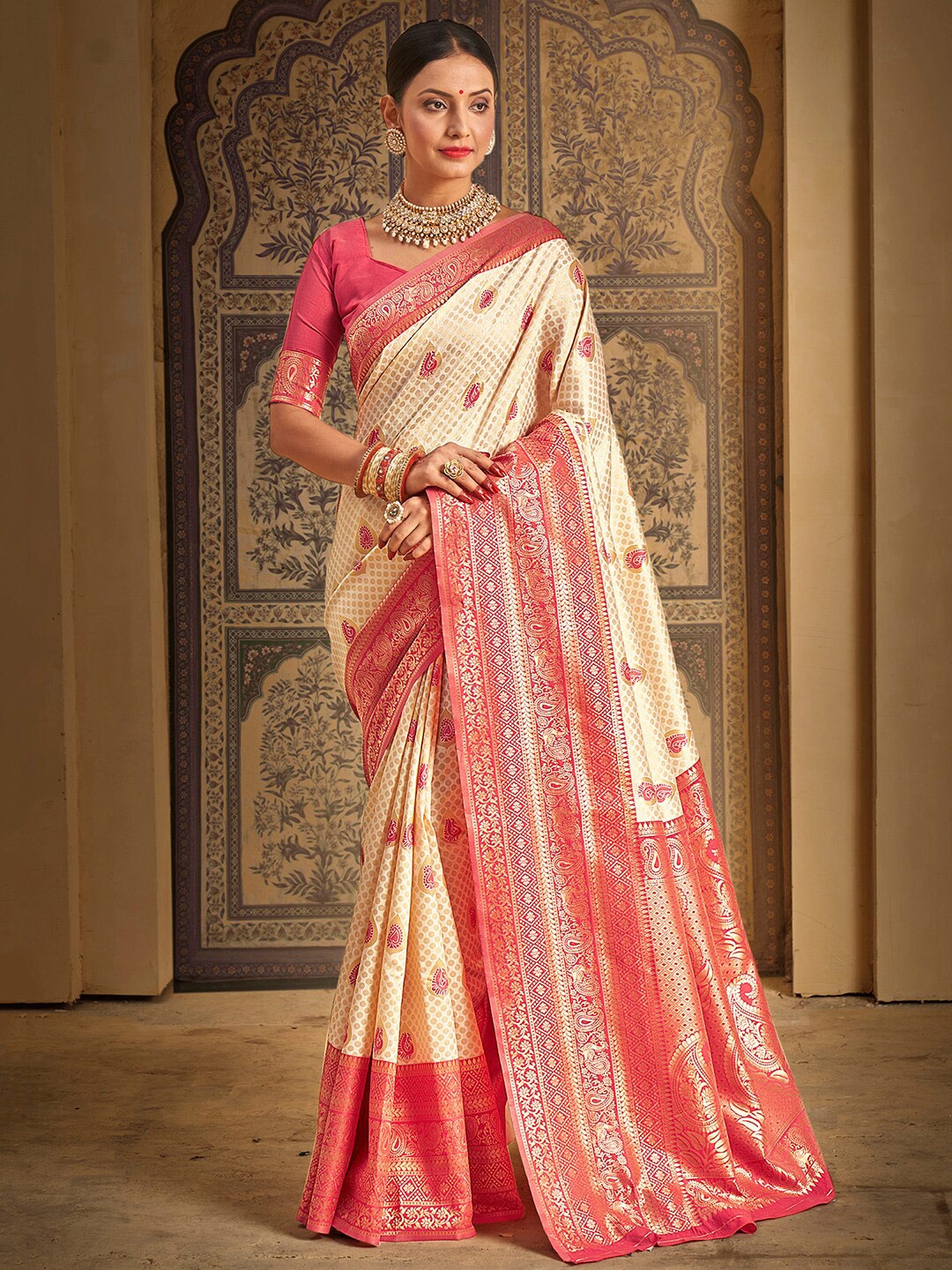 

Saree mall Cream-Coloured & Pink Ethnic Motif Woven Design Zari Kanjeevaram Sarees