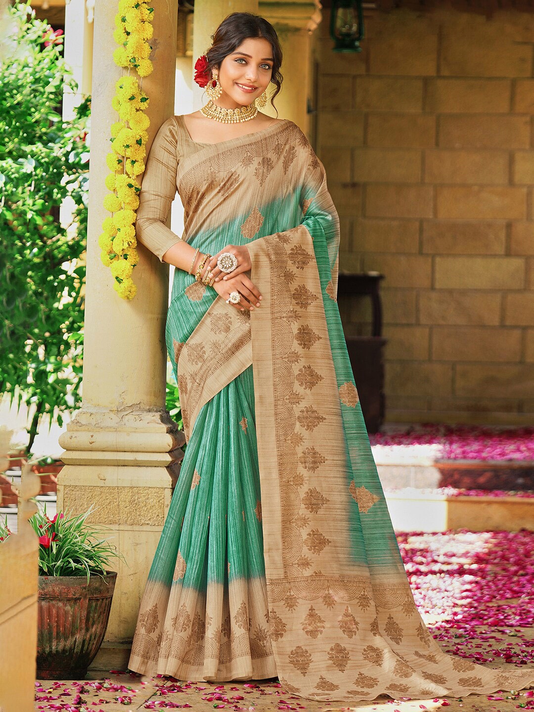 

Saree mall Sea Green & Beige Ethnic Motifs Woven Design Dabu Sarees