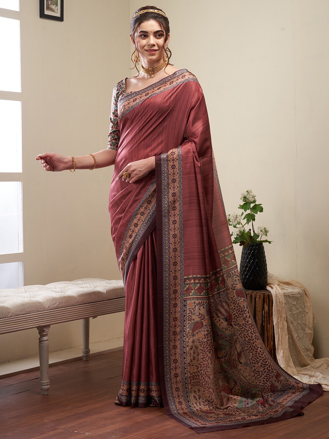

Saree mall Brown & Grey Kalamkari Banarasi Saree