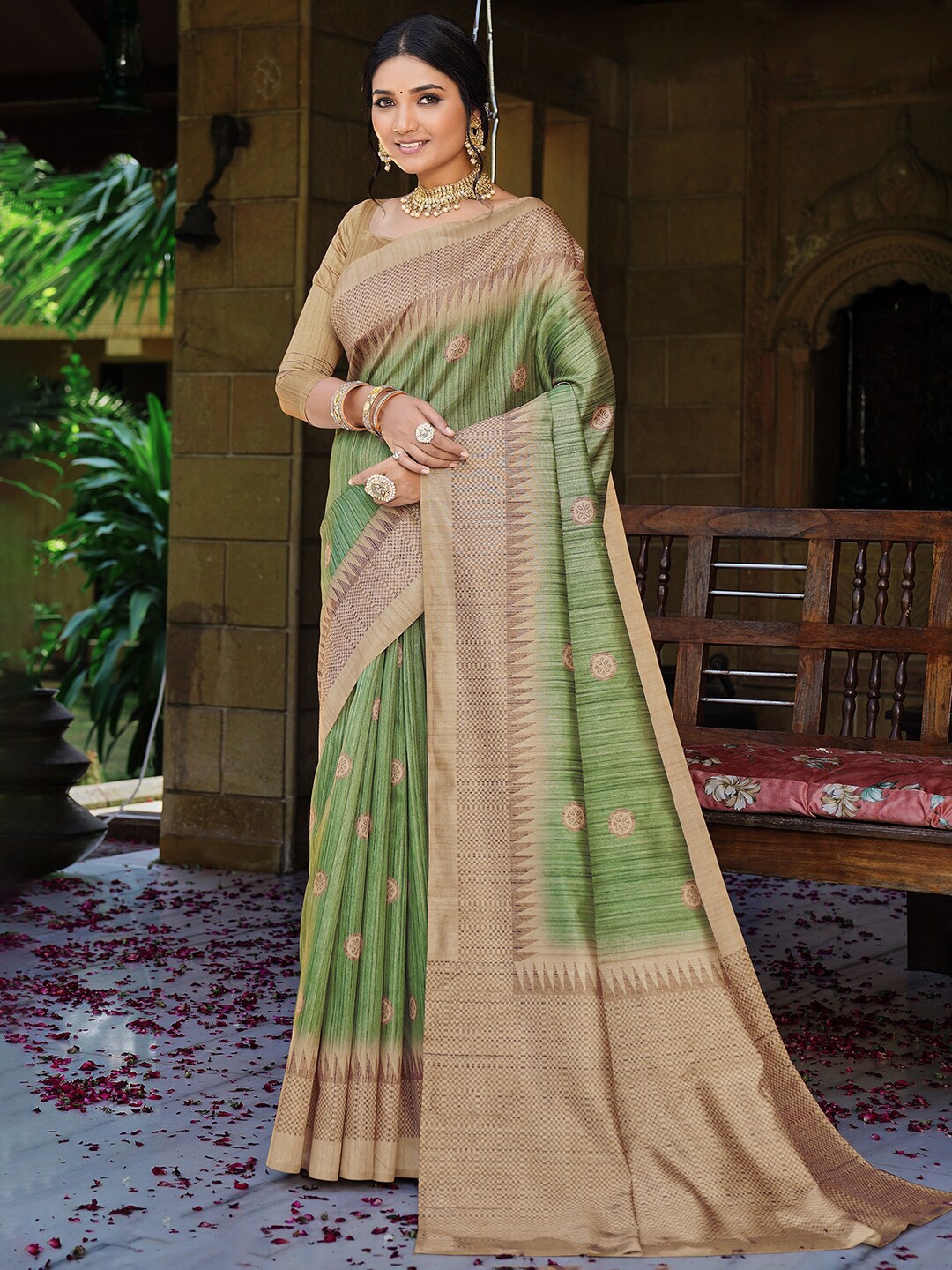 

Saree mall Green & Beige Ethnic Motifs Printed Sarees