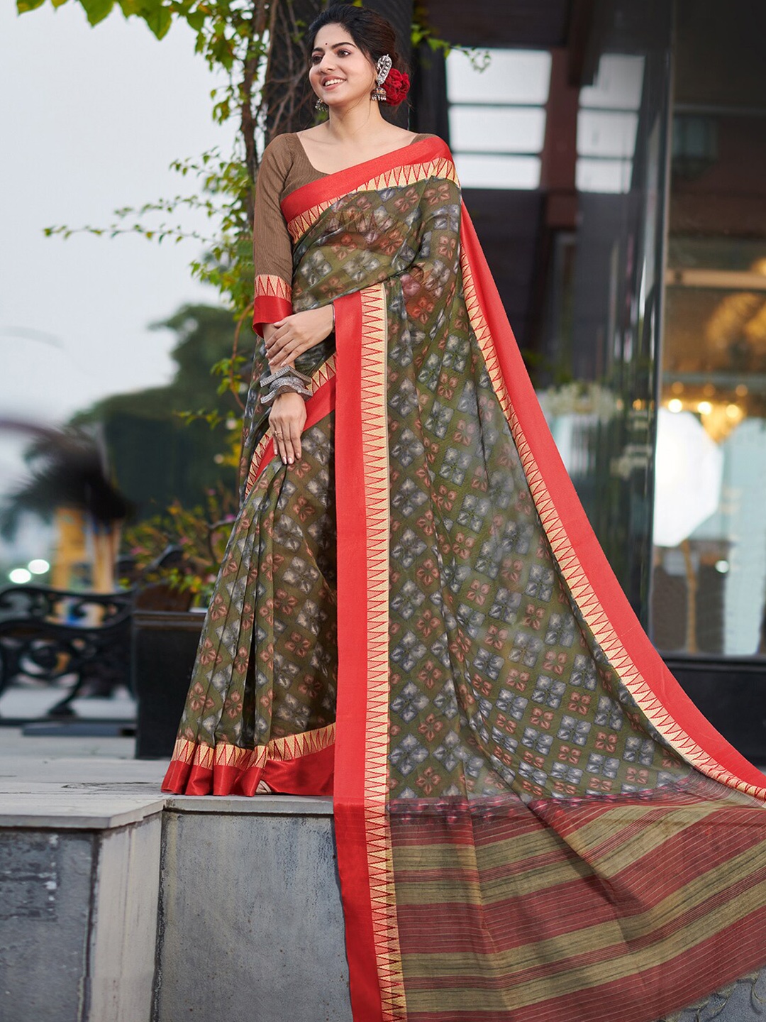 

Saree mall Olive Green & Red Ethnic Motifs Woven Design Sarees