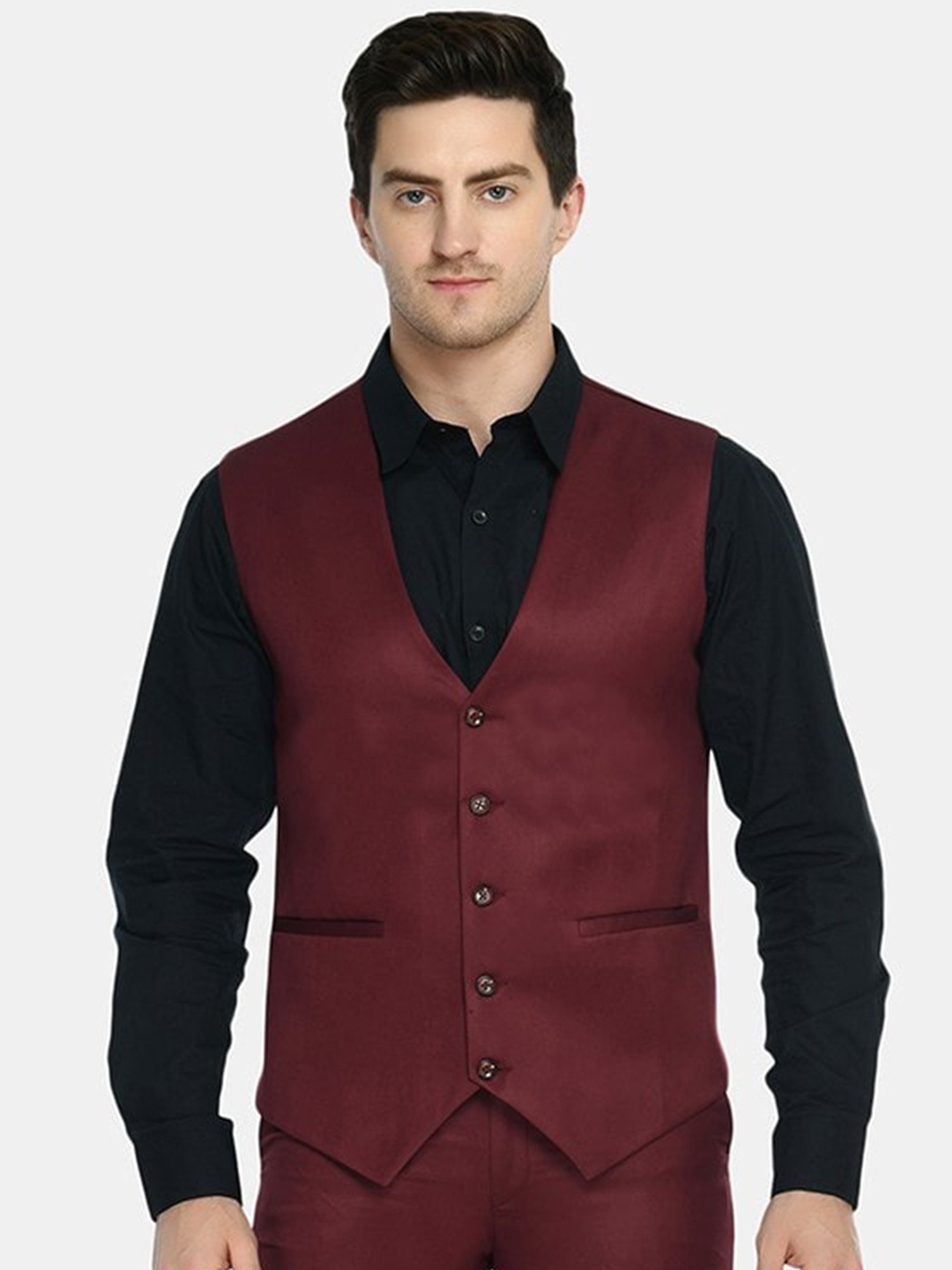 

TrulyFeb V-Neck Single Breasted Slim-Fit Corduroy Waistcoat, Maroon