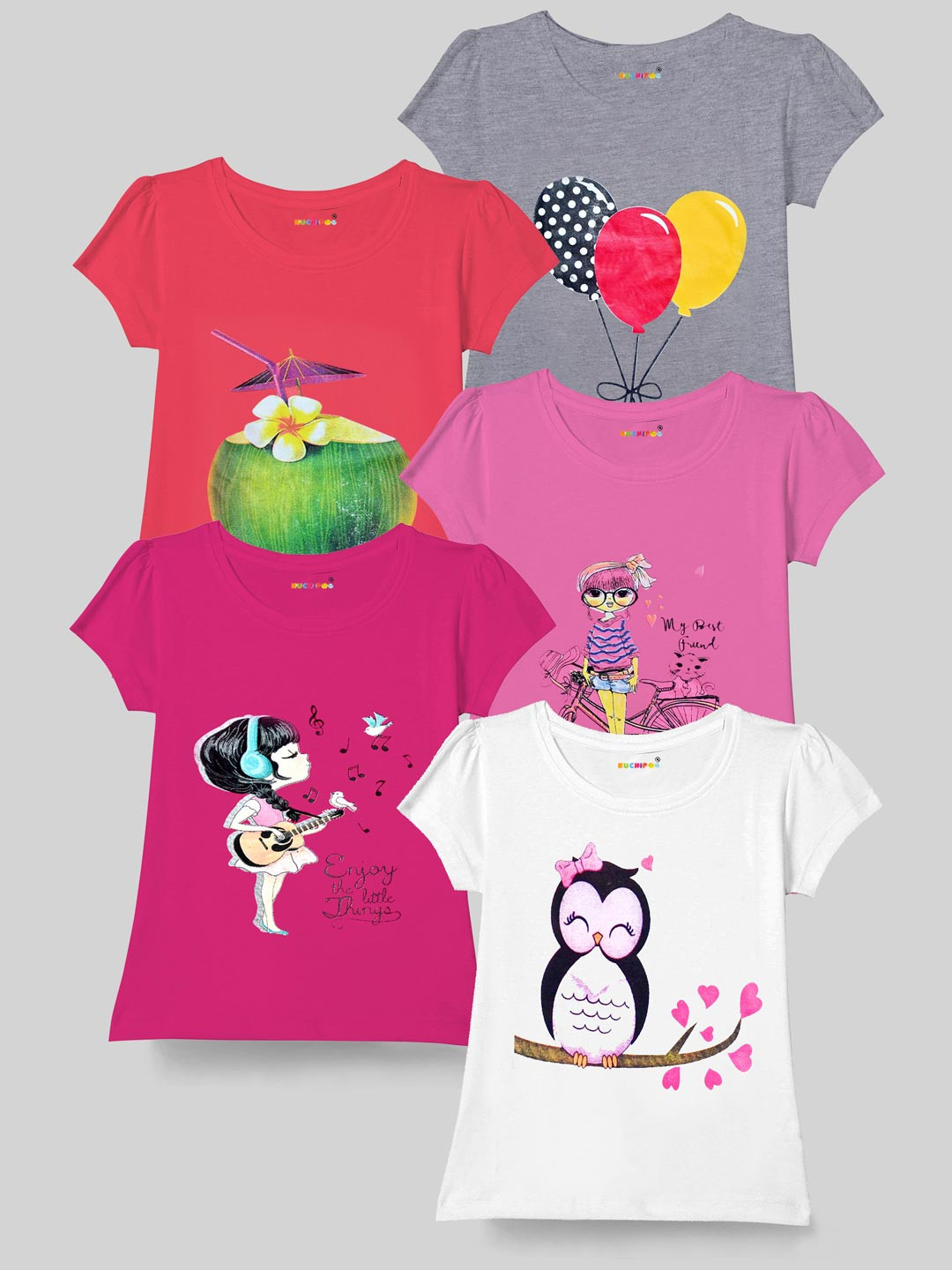 

KUCHIPOO Pack Of 5 Printed T-shirts, Pink