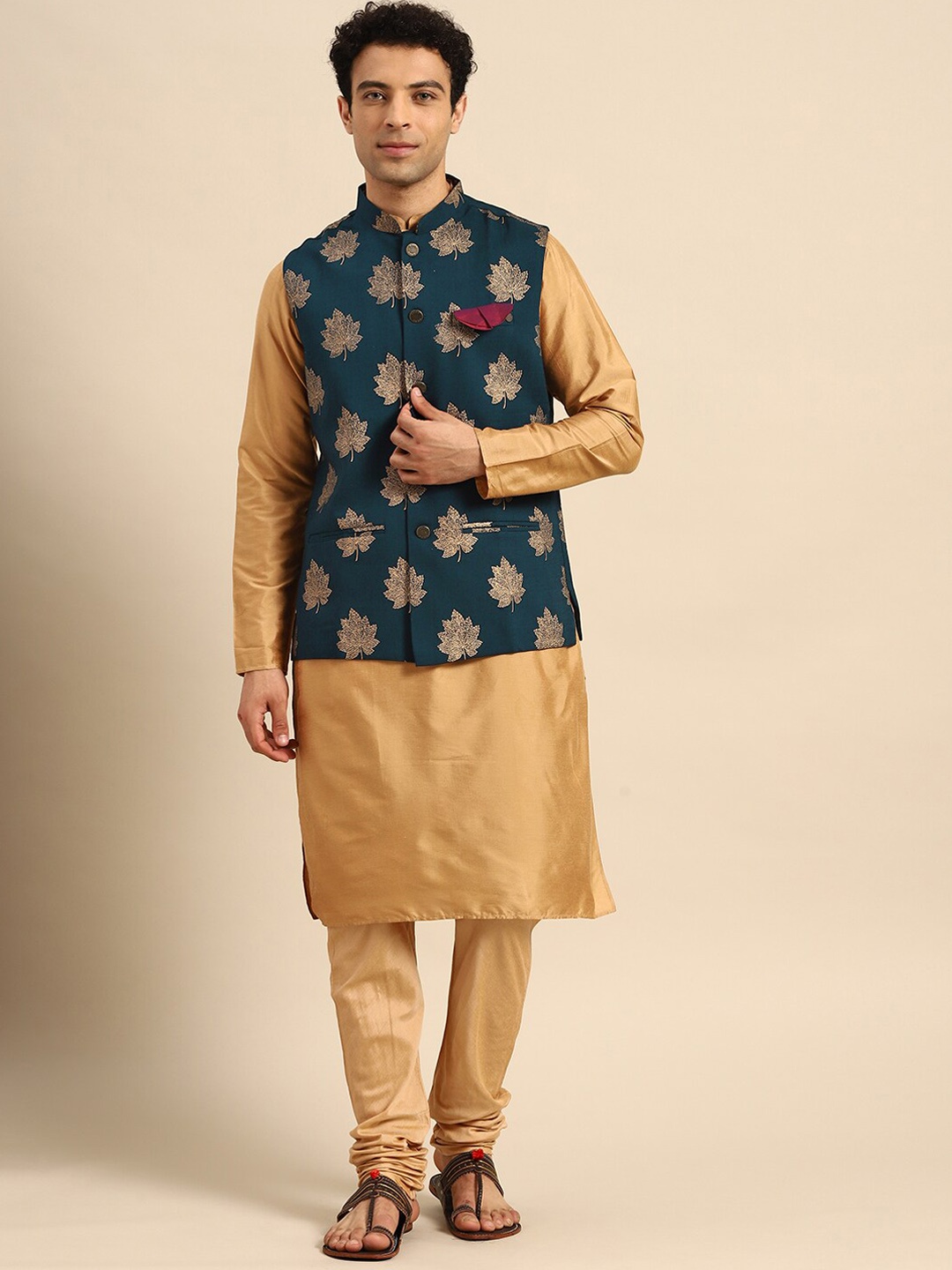 

KISAH Mandarin Collar Straight Kurta With Churidar & Jacket, Beige