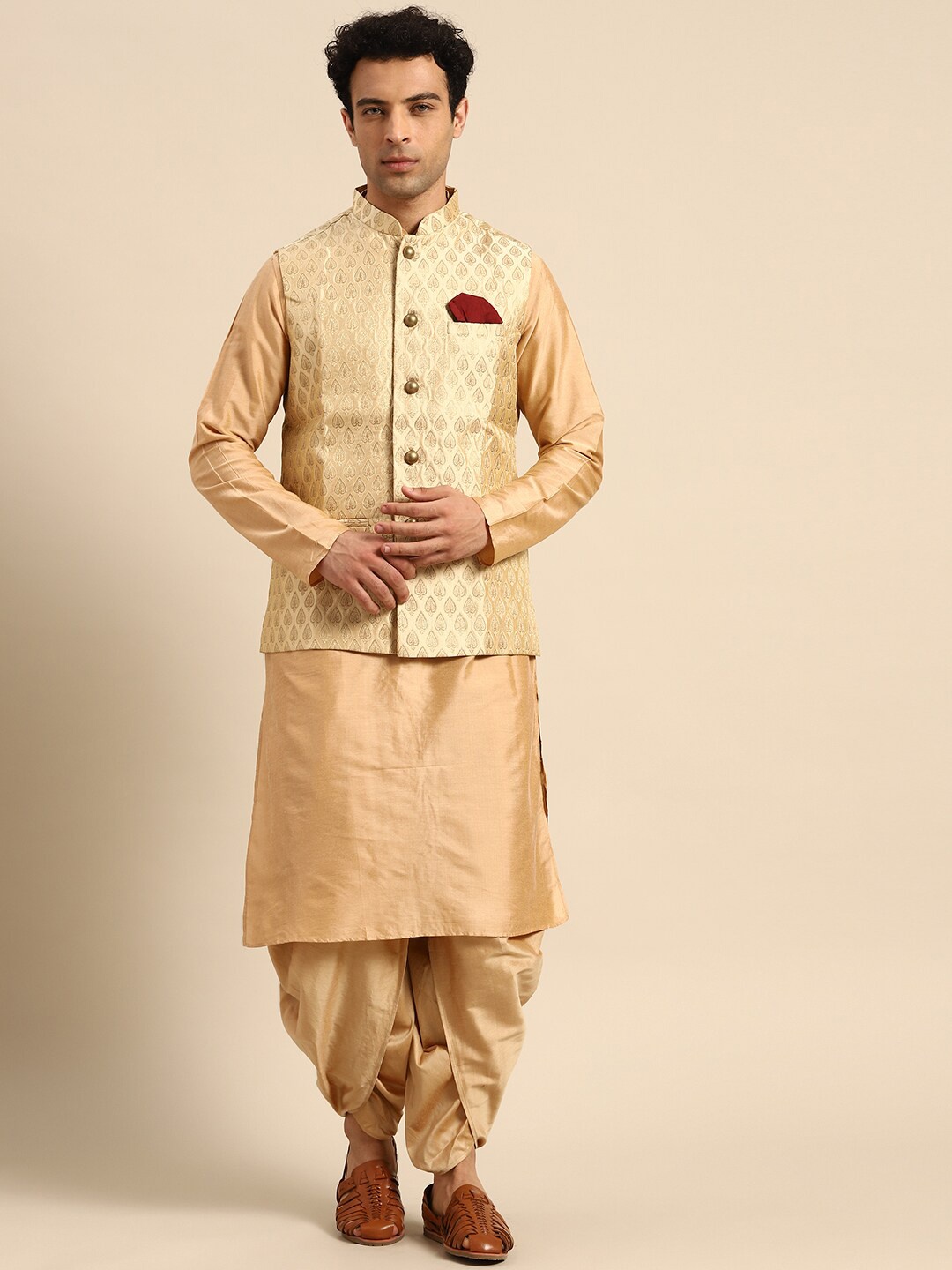 

KISAH Mandarin Collar Straight Kurta with Dhoti Pants & Nehru Jacket Set, Beige