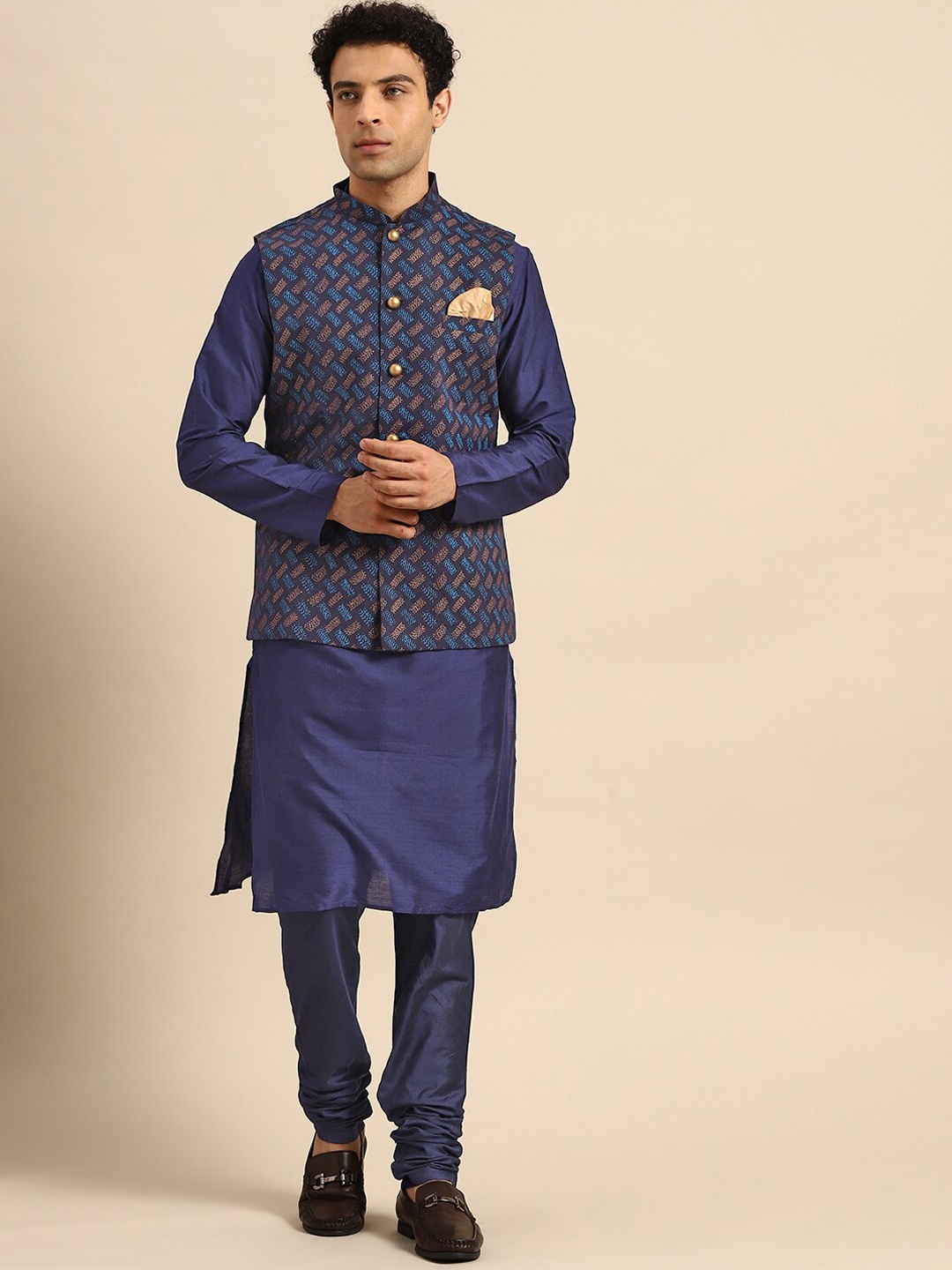 

KISAH Mandarin Collar Kurta with Churidar & Nehru Jacket, Navy blue