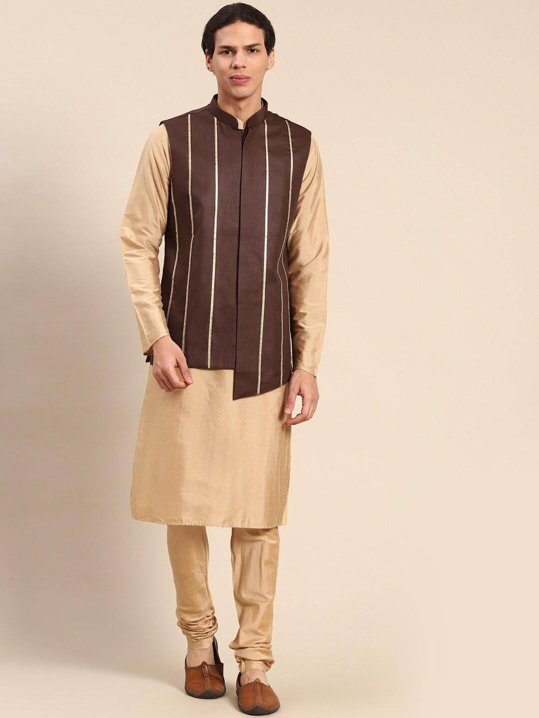 

KISAH Mandarin Collar Straight Kurta with Churidar & Nehru Jacket, Beige