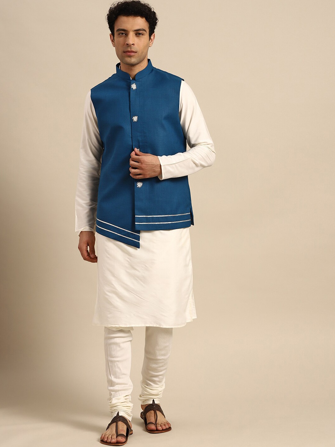 

KISAH Mandarin Collar Regular Kurta With Churidar & Nehru Jacket, Turquoise blue