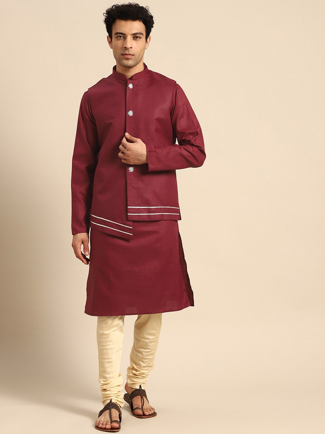 

KISAH Mandarin Collar Kurta with Churidar & Nehru Jacket, Maroon