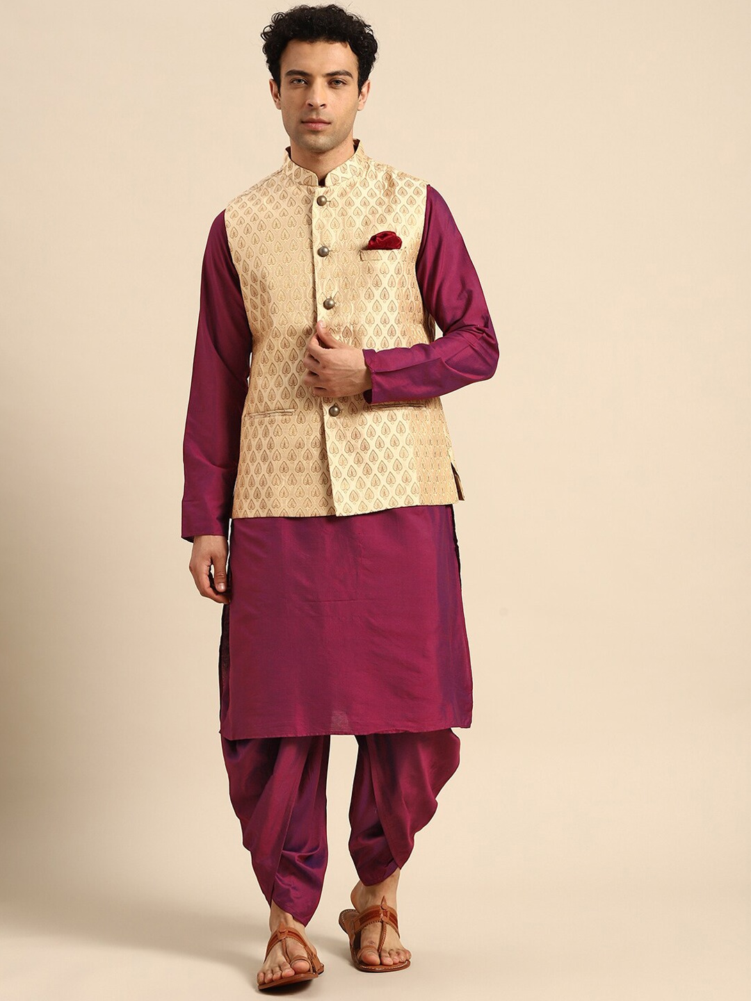 

KISAH Mandarin Collar Straight Kurta with Dhoti Pants & Nehru Jacket, Maroon