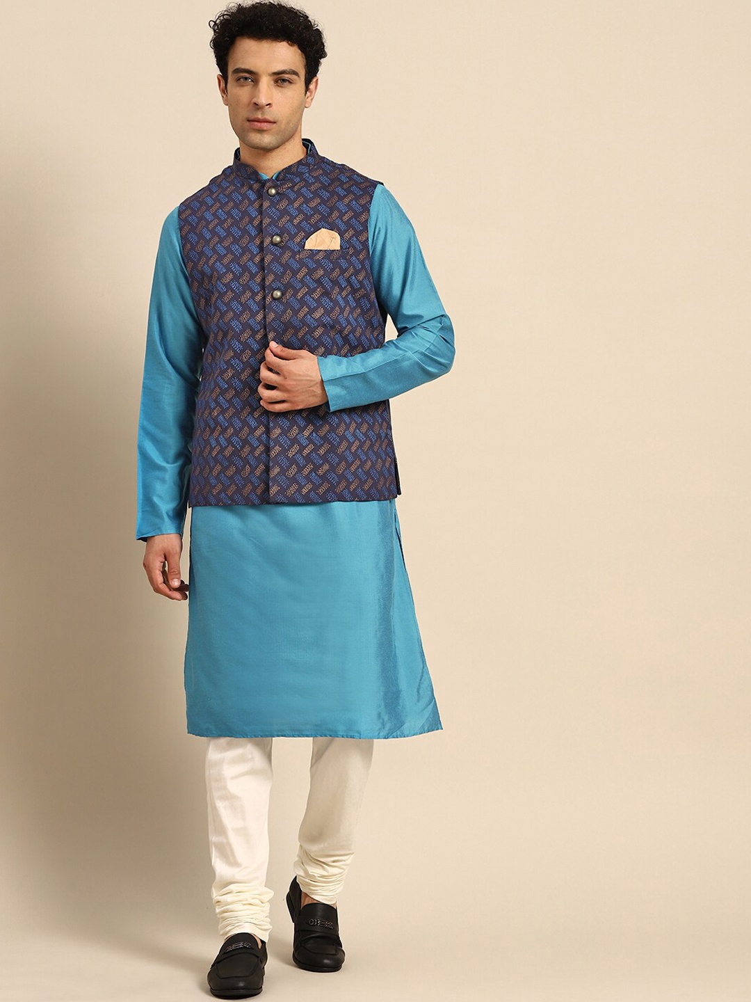 

KISAH Mandarin Collar Kurta with Churidar & Nehru Jacket, Turquoise blue