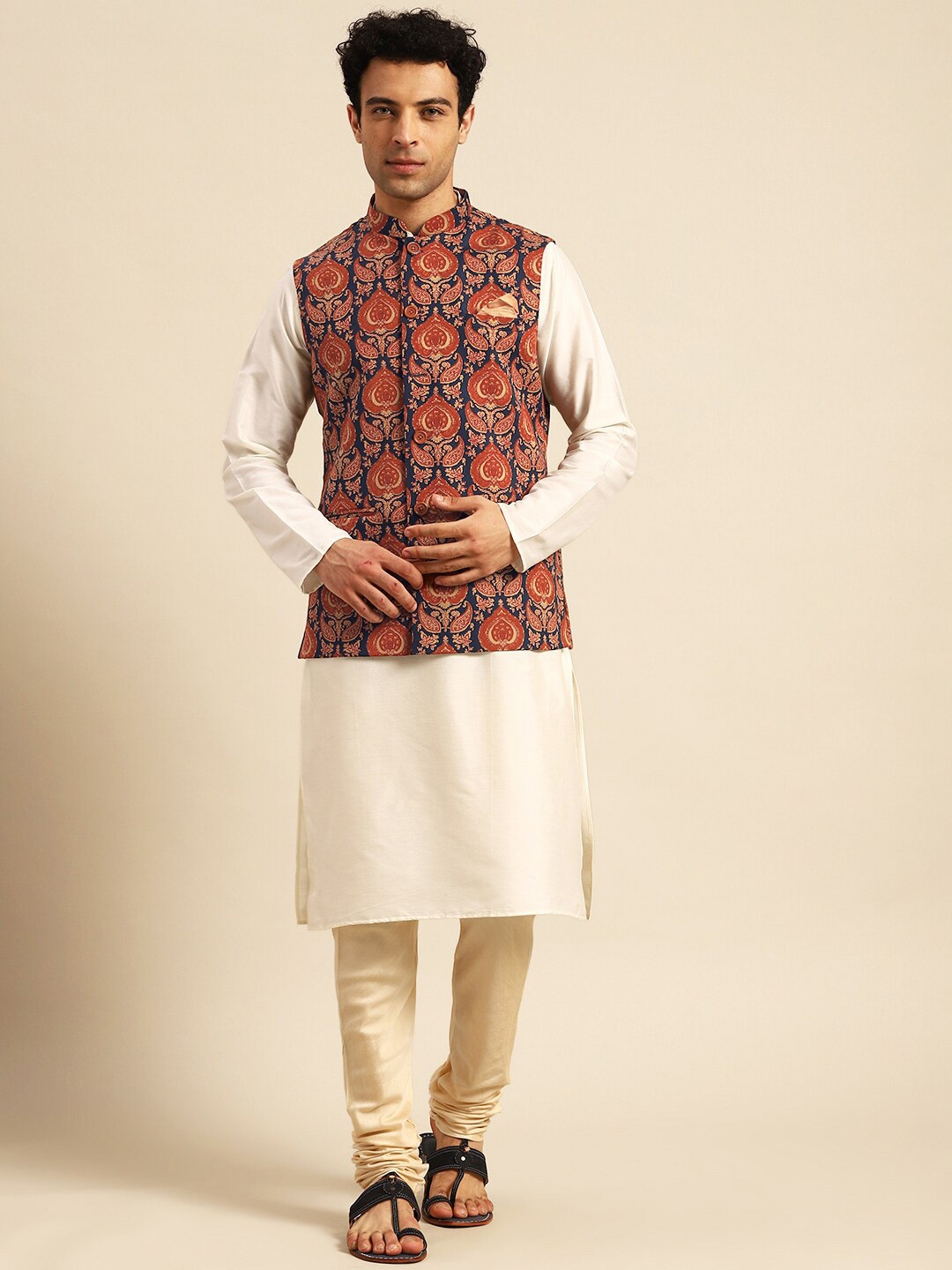 

KISAH Mandarin Collar Kurta with Churidar & Nehru Jacket, Cream