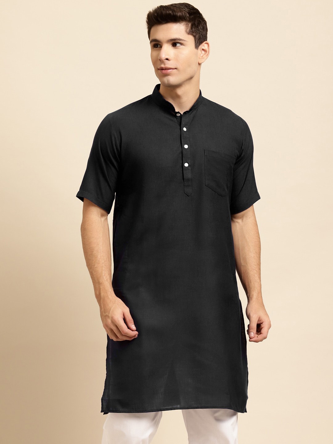 

RAJUBHAI HARGOVINDAS Mandarin Collar Silk Cotton Kurta, Black