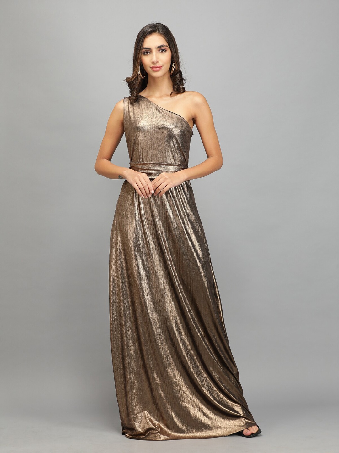 

Svelte Couture One Shoulder Maxi Dress Wit Belt, Bronze