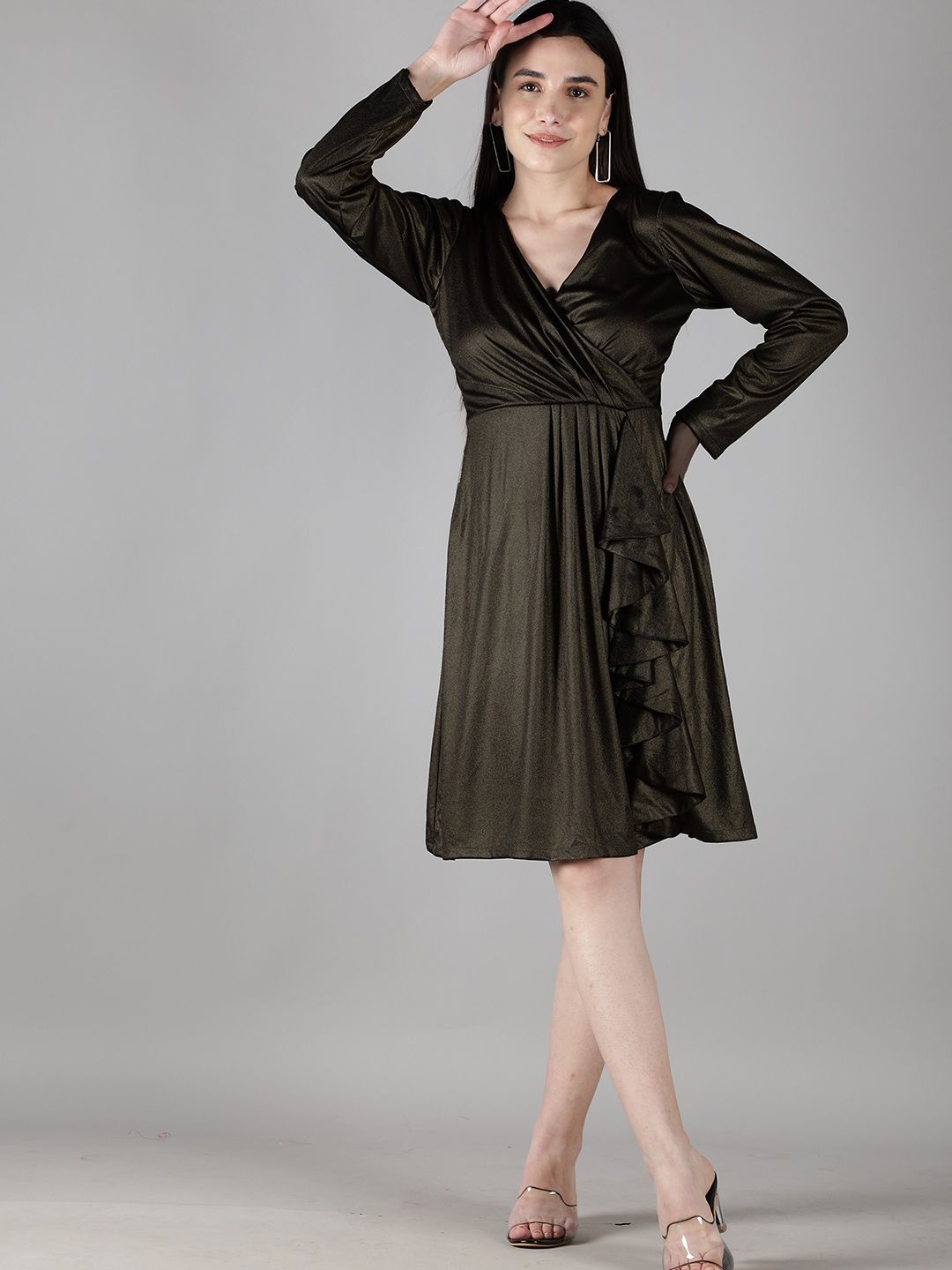 

Svelte Couture V-Neck Ruffled Satin Dress, Black