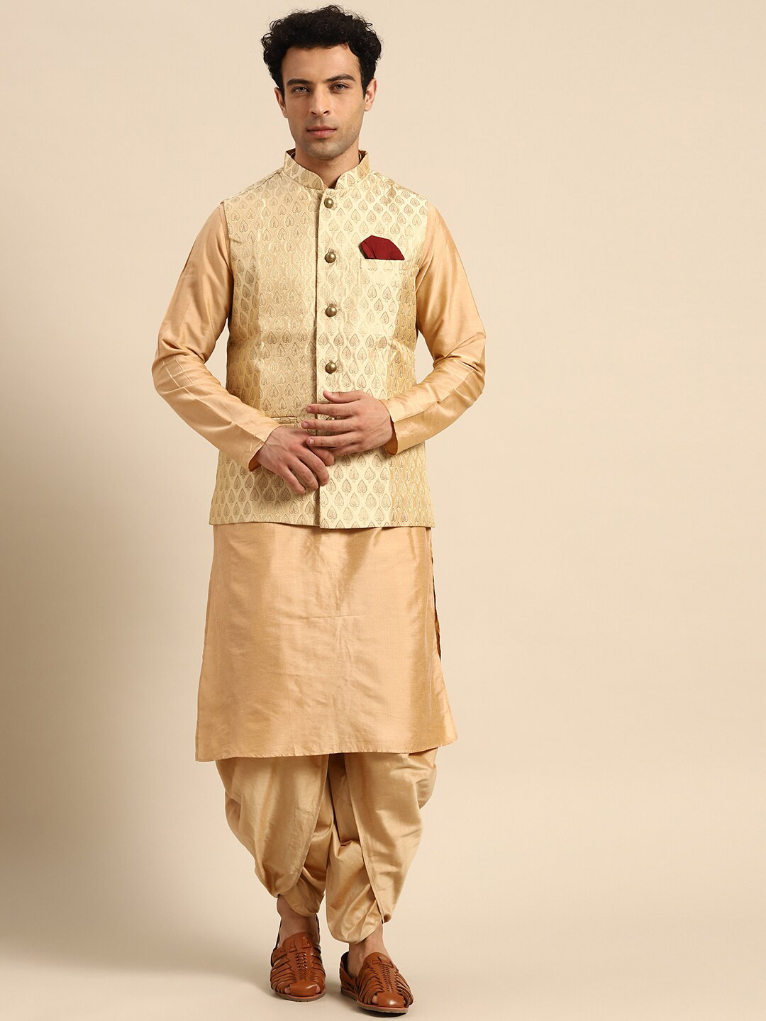 

KISAH Mandarin Collar Kurta with Dhoti Pants & Nehru Jacket Set, Beige