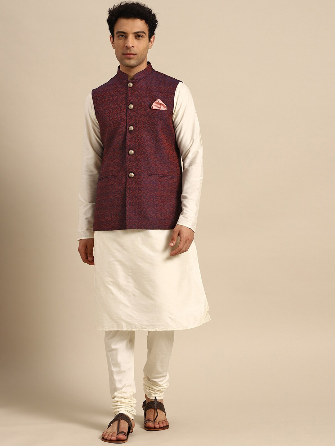 

KISAH Mandarin Collar Straight Kurta with Churidar & Nehru Jacket, White