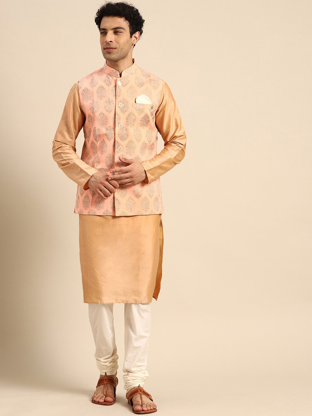 

KISAH Mandarin Collar Straight Kurta with Churidar & Nehru Jacket, Beige