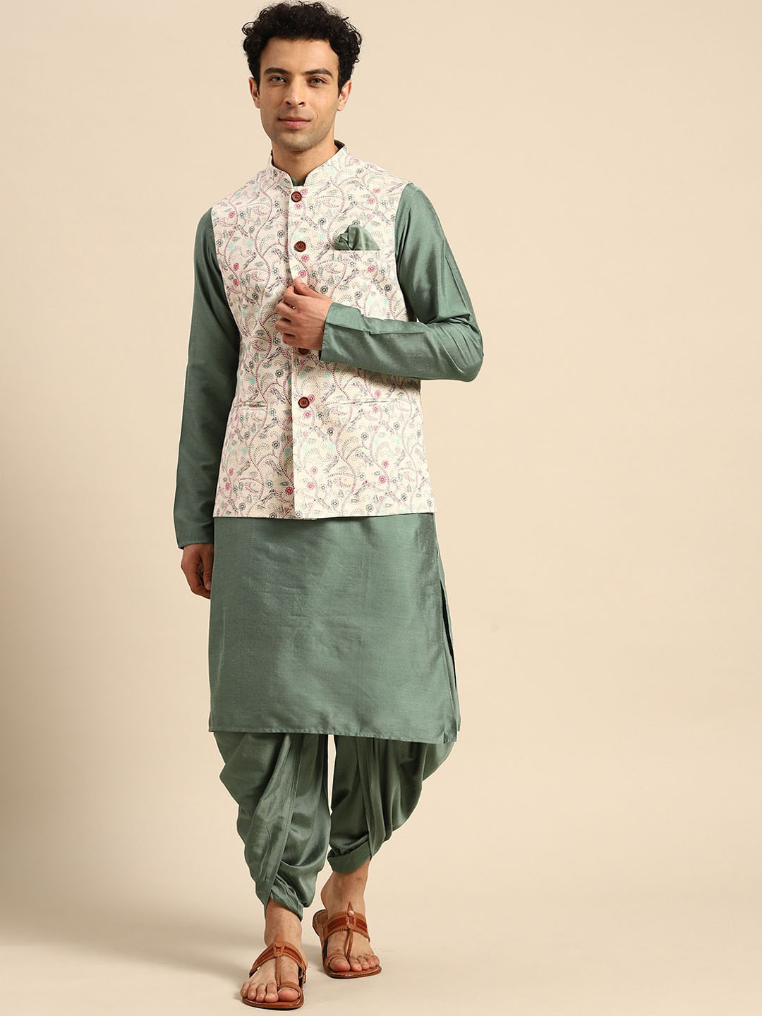 

KISAH Men Mandarin Collar Straight Kurta with Dhoti Pants & Printed Nehru Jacket, Green