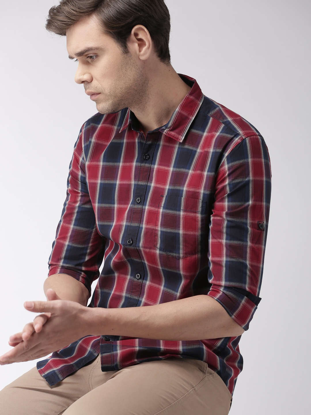 

HIGHLANDER Men Blue & Red Slim Fit Checked Casual Shirt