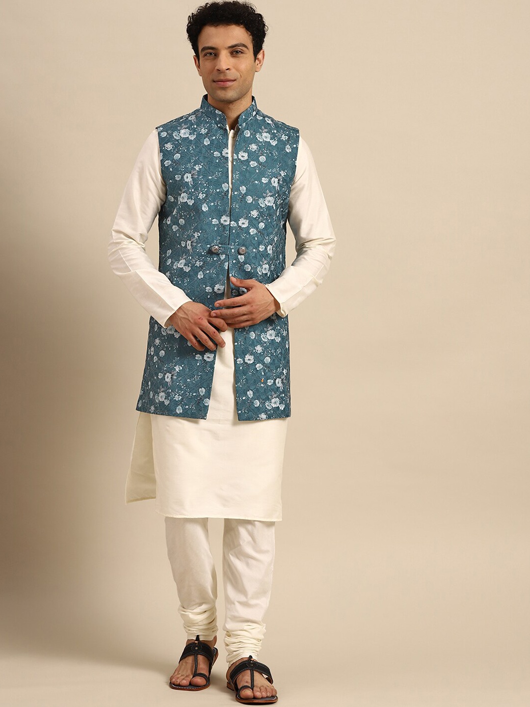 

KISAH Mandarin Collar Regular Straight Kurta With Churidar & Nehru Jacket, Turquoise blue