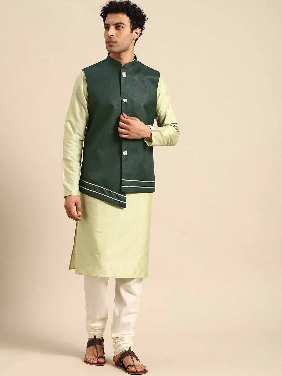 

KISAH Mandarin Collar Regular Straight Kurta With Churidar & Nehru Jacket, Green