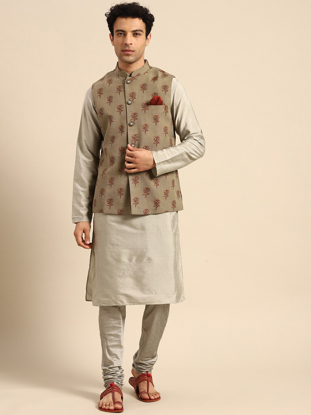 

KISAH Mandarin Collar Regular Straight Kurta With Churidar & Nehru Jacket, Grey