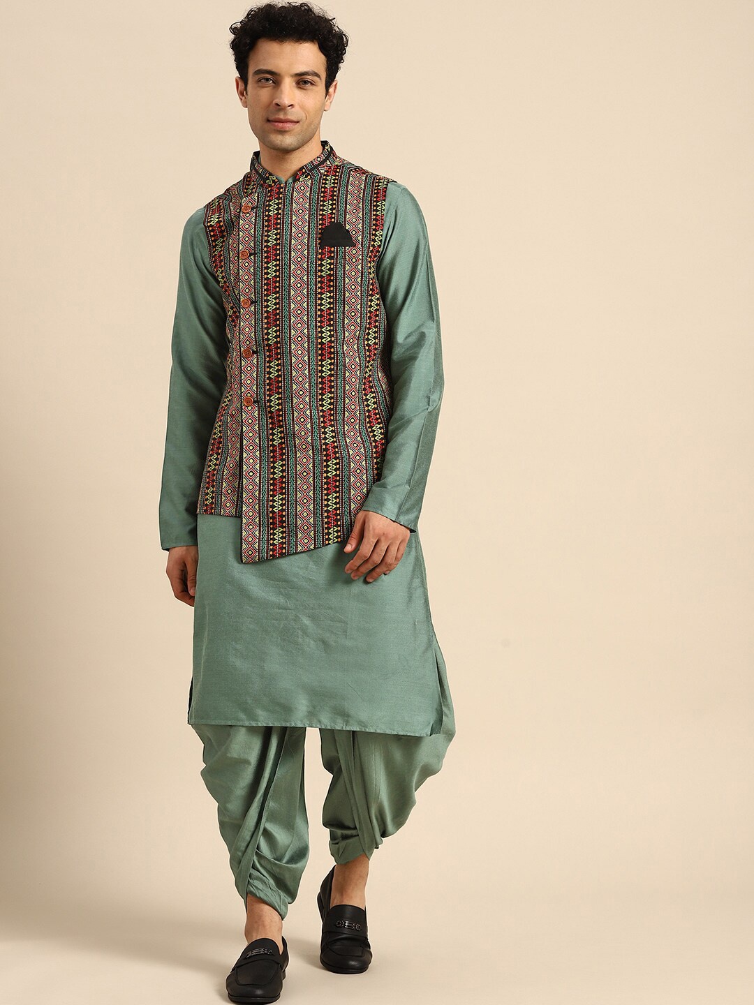 

KISAH Mandarin Collar Regular Kurta With Dhoti Pants & Nehru Jacket, Teal