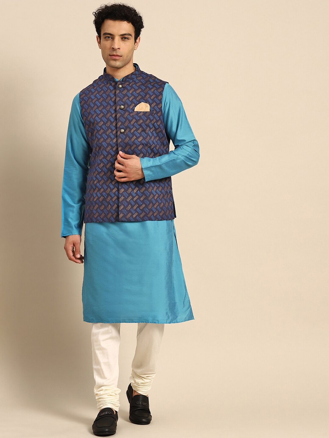 

KISAH Mandarin Collar Regular Straight Kurta With Churidar & Nehru Jacket Set, Navy blue