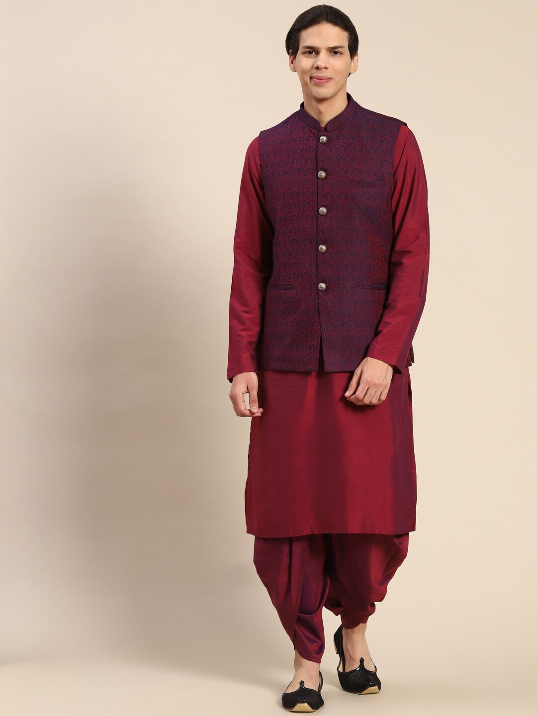 

KISAH Mandarin Collar Regular Kurta With Dhoti Pants & Nehru Jacket Set, Maroon