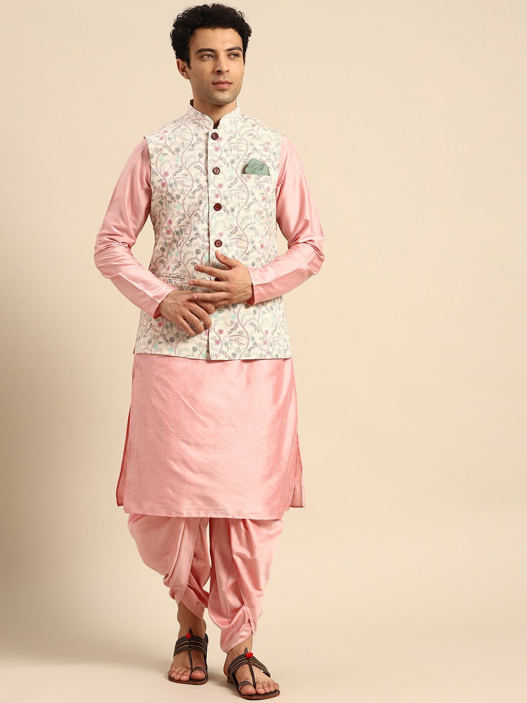 

KISAH Men Mandarin Collar Regular Kurta With Dhoti Pants & Kantha Print Nehru Jacket Set, White