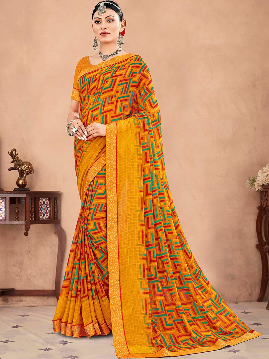 

Mitera Geomtric Printed Pure Chiffon Saree, Yellow