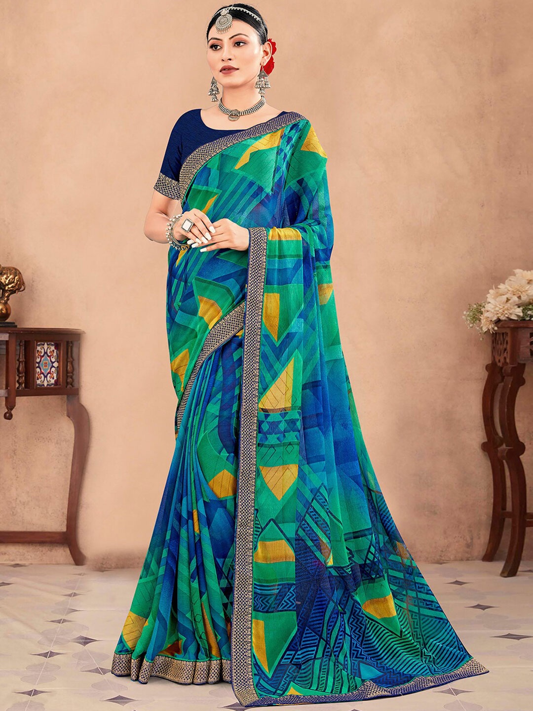 

Mitera Geometric Printed Zari Pure Chiffon Saree, Blue