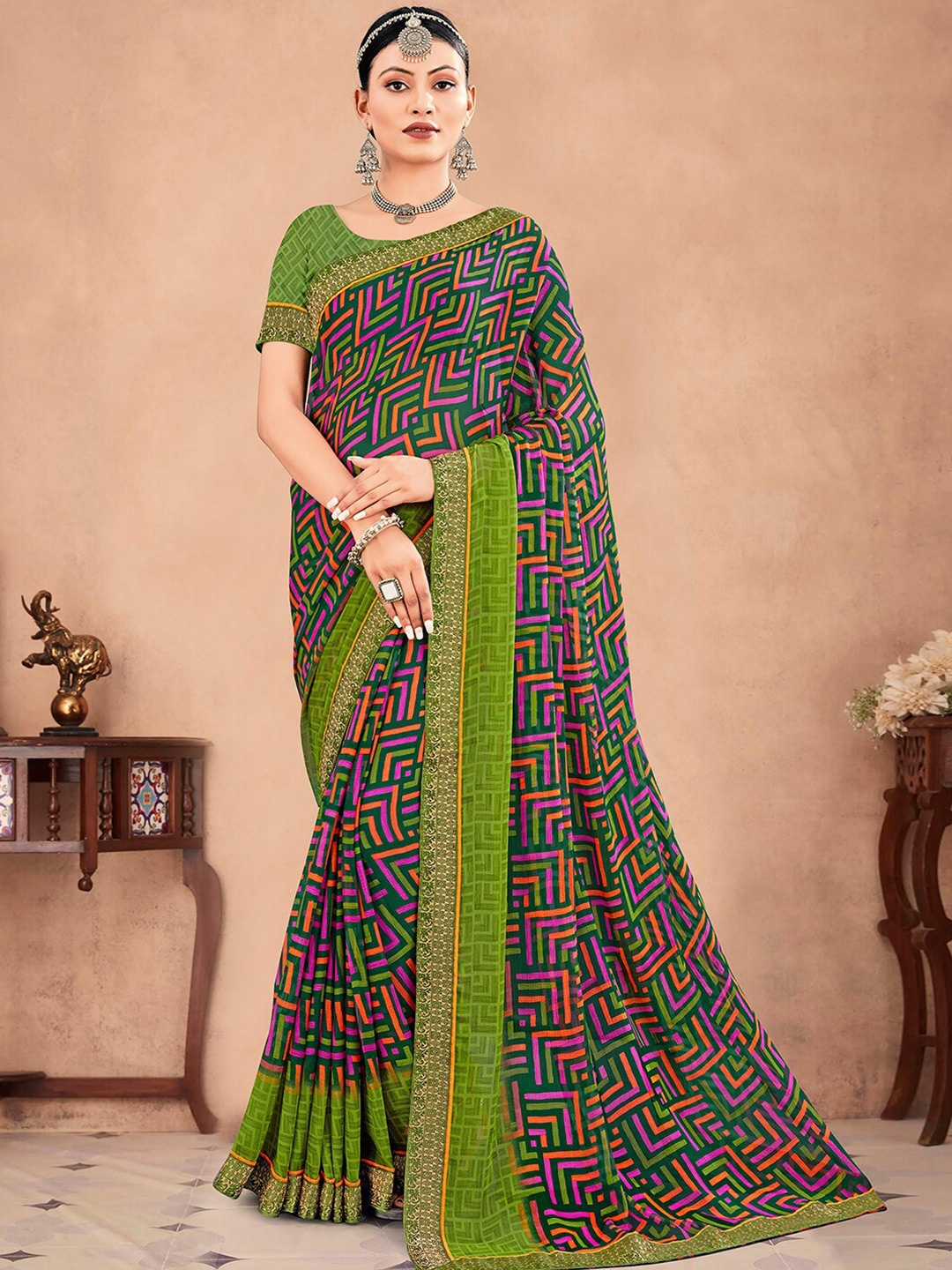 

Mitera Geometric Printed Pure Chiffon Saree, Green