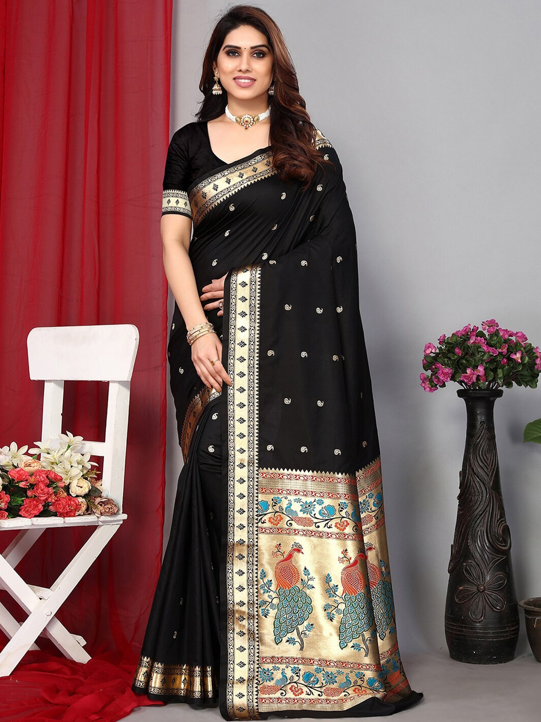 

Mitera Paisley Woven Design Zari Paithani Saree, Black
