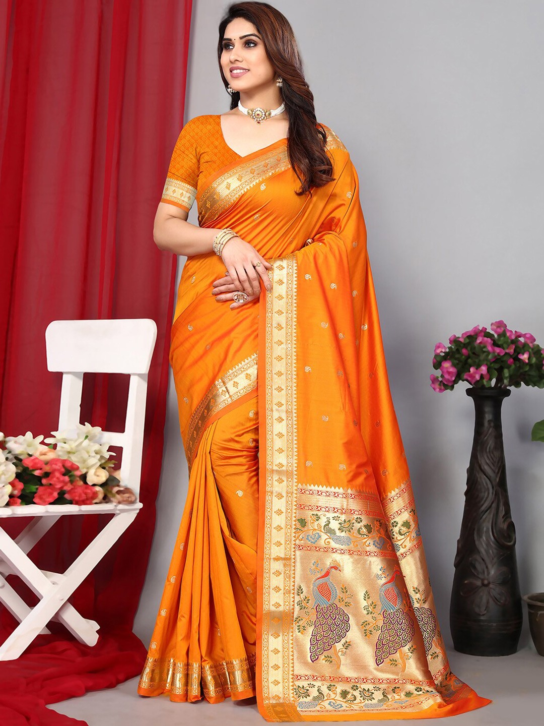 

Mitera Woven Design Zari Paithani Saree, Orange
