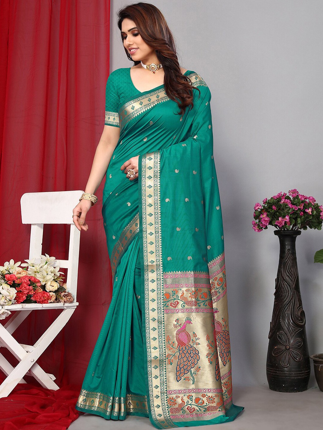 

Mitera Paisley Woven Design Zari Paithani Saree, Turquoise blue