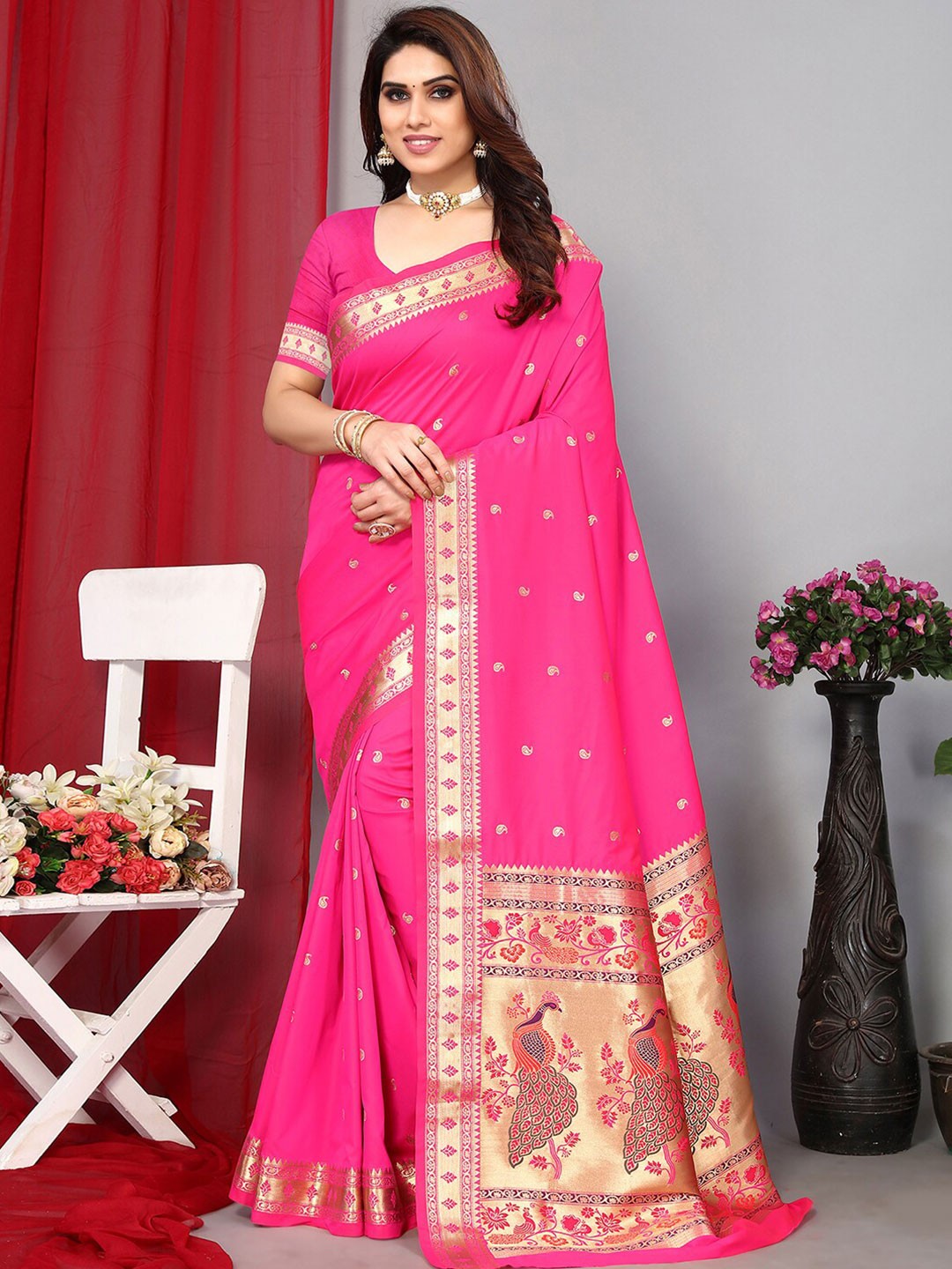 

Mitera Paisley Woven Design Zari Paithani Saree, Pink