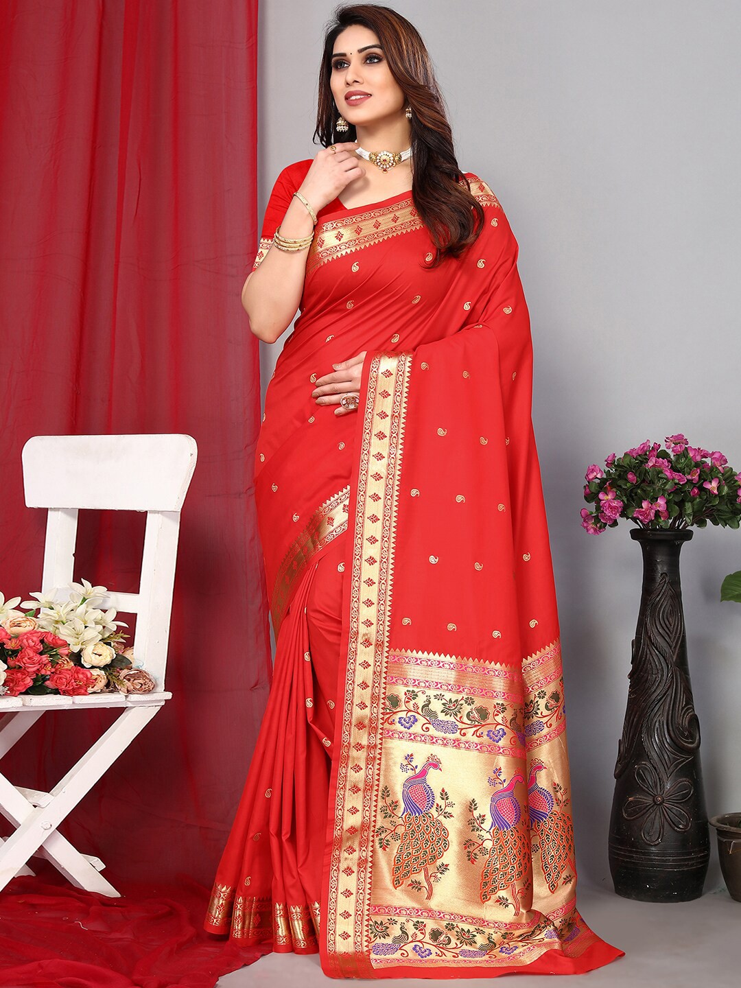 

Mitera Woven Design Zari Paithani Saree, Red