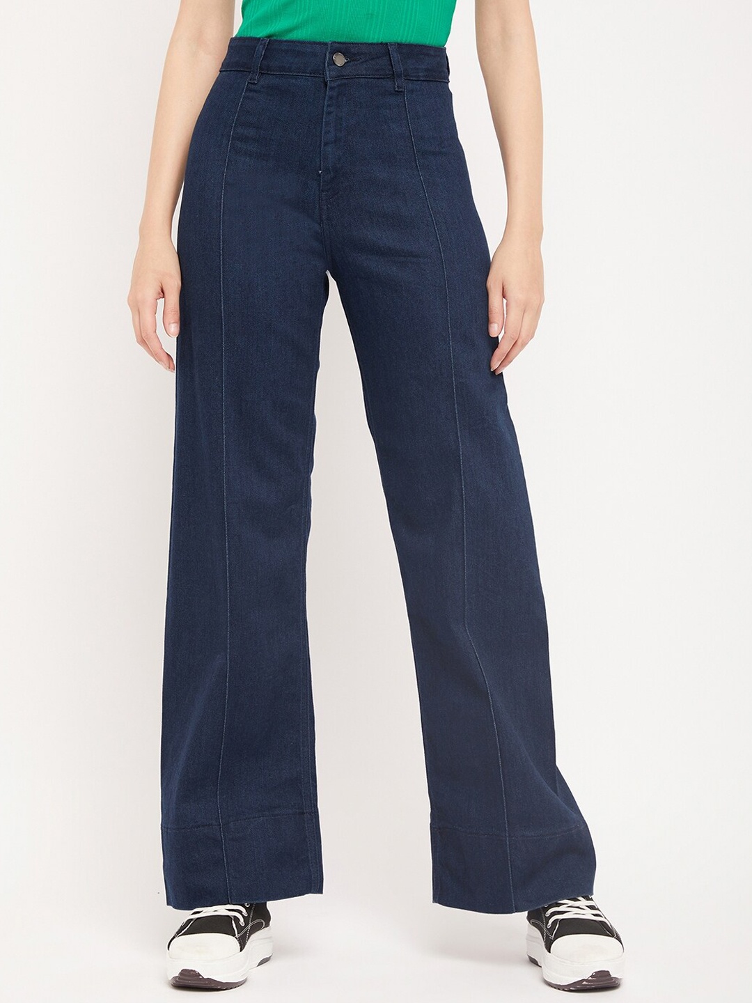 

Madame Women Wide Leg Mid-Rise Light Fade Cotton Jeans, Navy blue