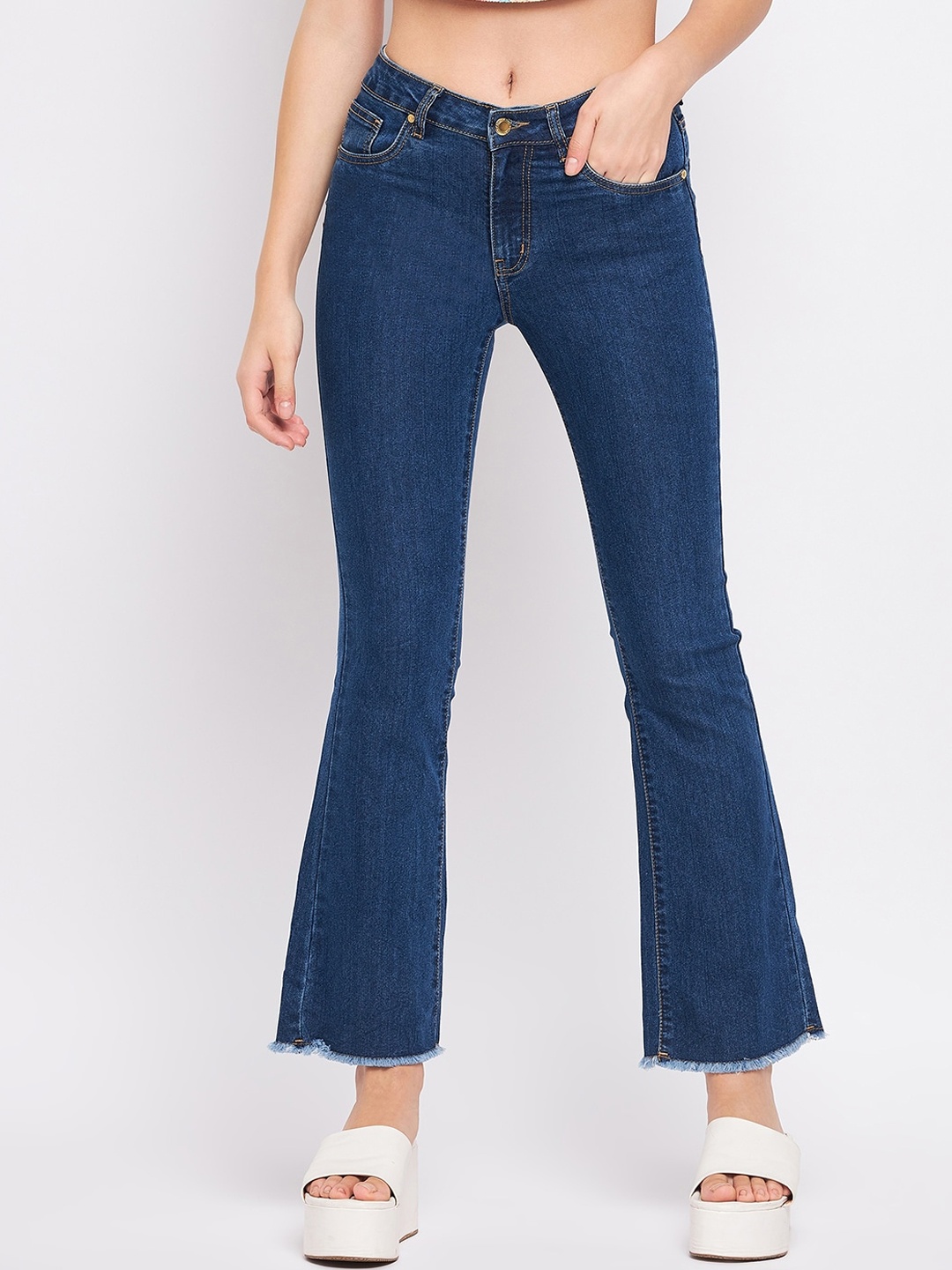 

Madame Women Bootcut Mid-Rise Light Fade Cotton Jeans, Navy blue