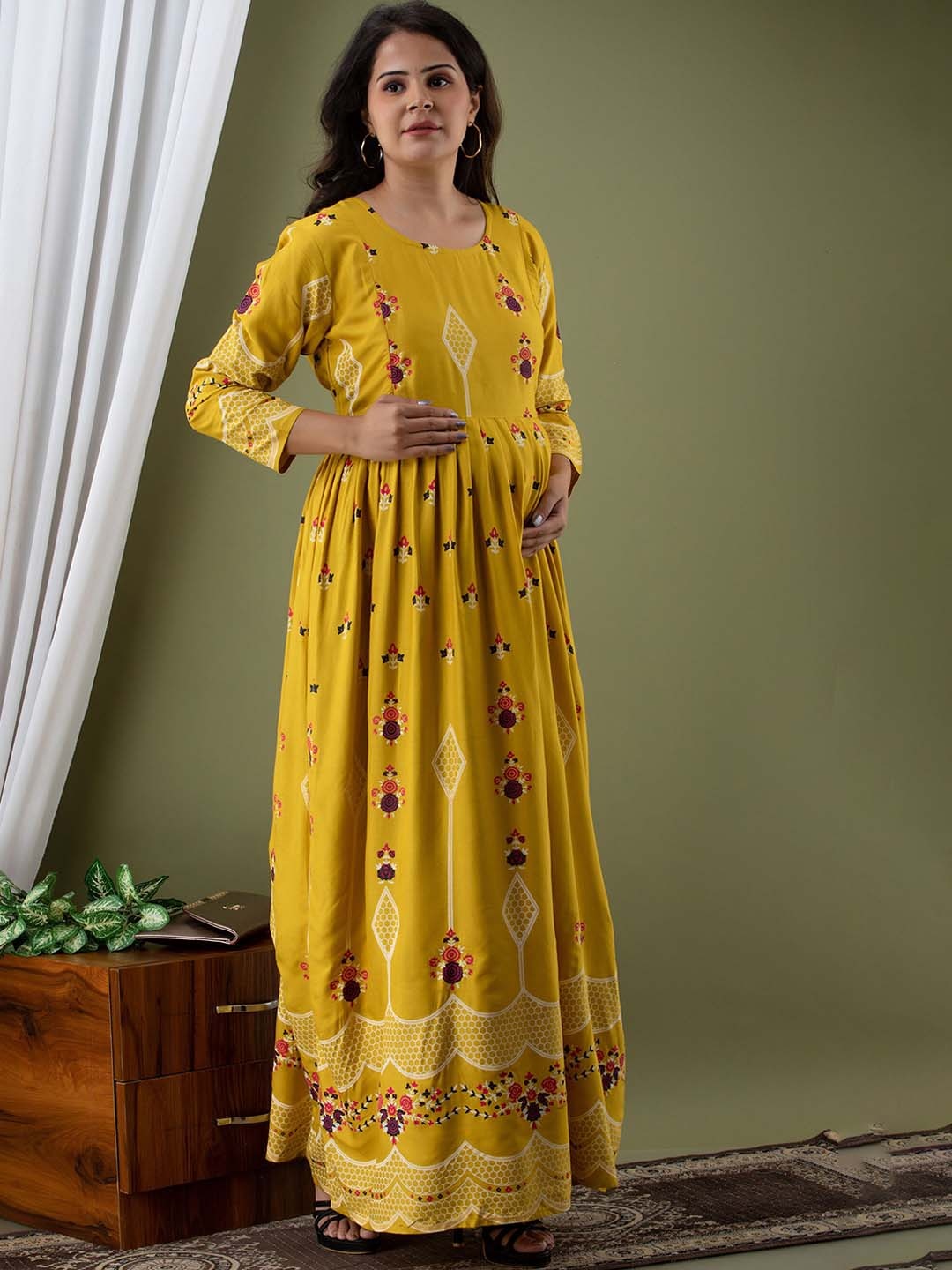 

Mialo fashion Ethnic Motifs Printed Cotton Feeding Maternity Ethnic Dress, Yellow