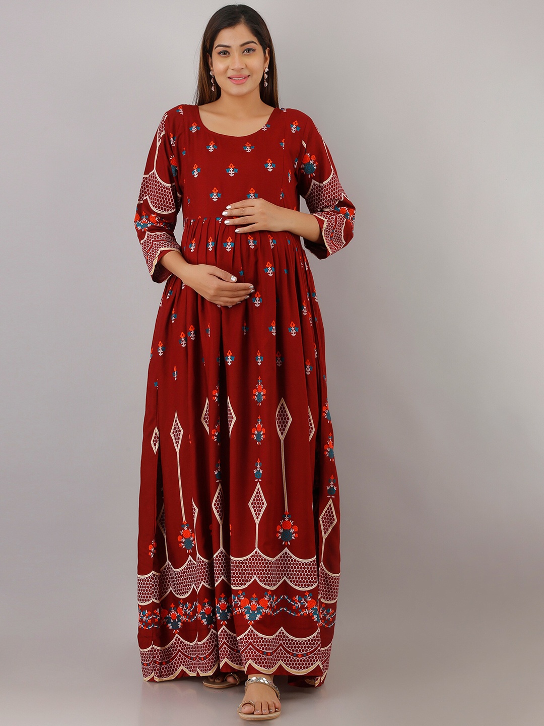 

Mialo fashion Ethnic Motifs Printed Cotton Feeding Maternity Ethnic Dress, Red