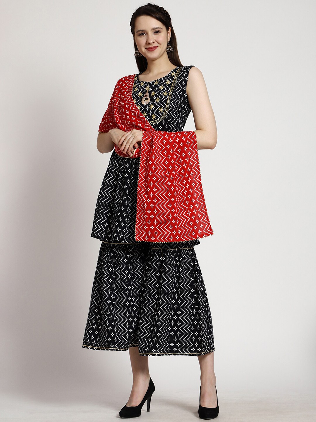 

SkyaSia Bandhani Printed Thread Work A-Line Kurta with Sharara & Dupatta, Black