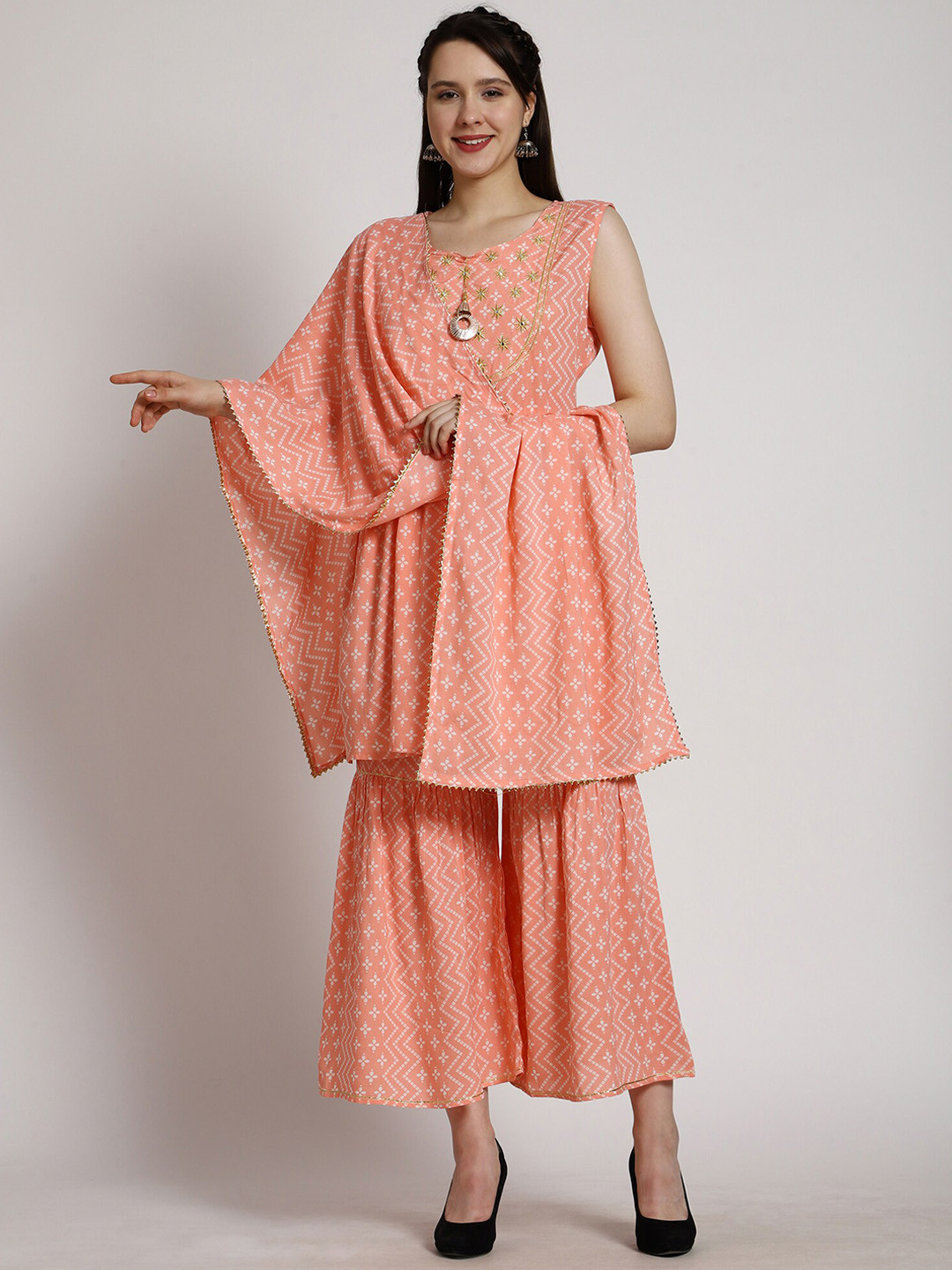 

SkyaSia Bandhani Printed Thread Work A-Line Kurta with Sharara & Dupatta, Peach