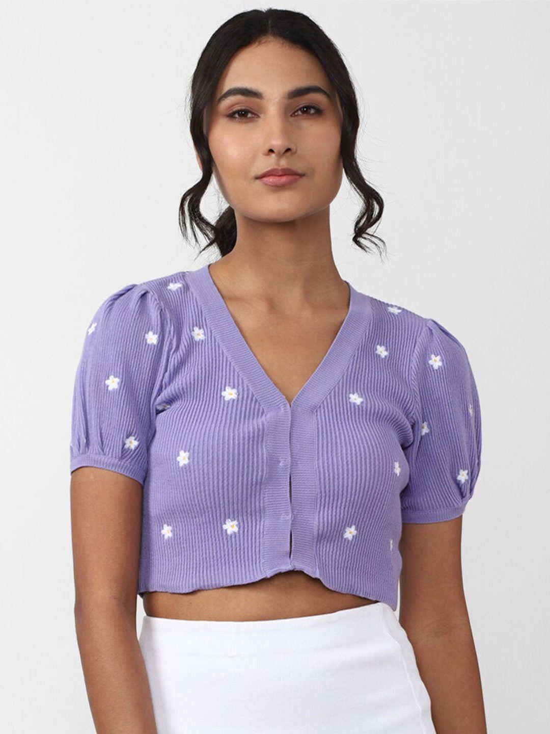 

FOREVER 21 Floral Embroidered Cotton Crop Cardigan, Purple